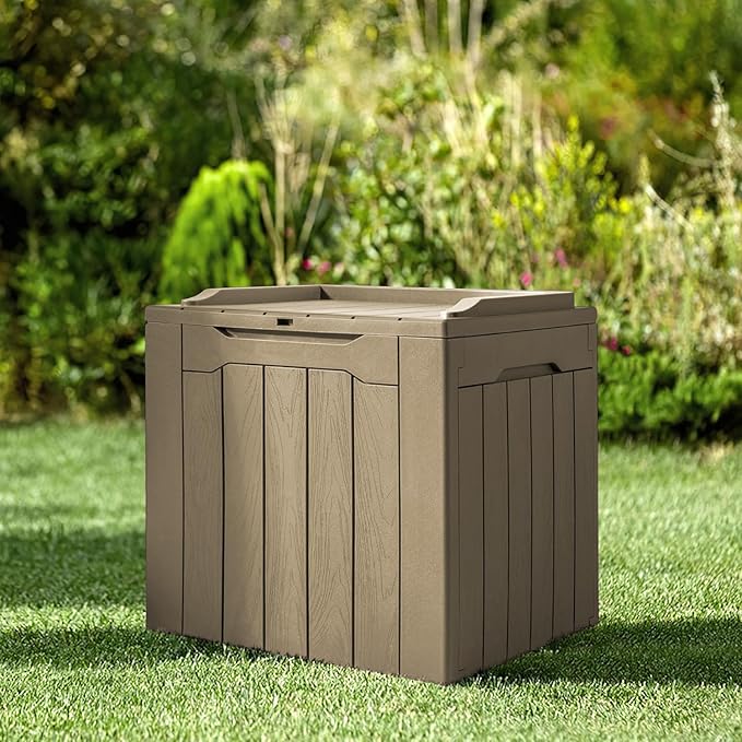 JUMMICO 31 Gallon Resin Deck Box Waterproof Indoor Outdoor Storage Boxes for Patio Furniture Cushions and Garden Tools (Light Brown)-Ruum Studio Home