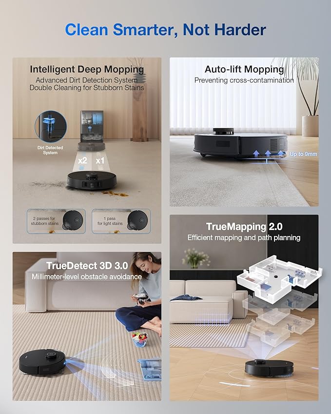 ECOVACS DEEBOT T30S Robot Vacuum and Mop, 11000Pa, ZeroTangle Technology, TruEdge Adaptive Edge Mopping, Hot Water Mop Washing, Self-Emptying, Self Refilling, Auto-Mop Lifting, Obstacle Avoidance-Ruum Studio Home
