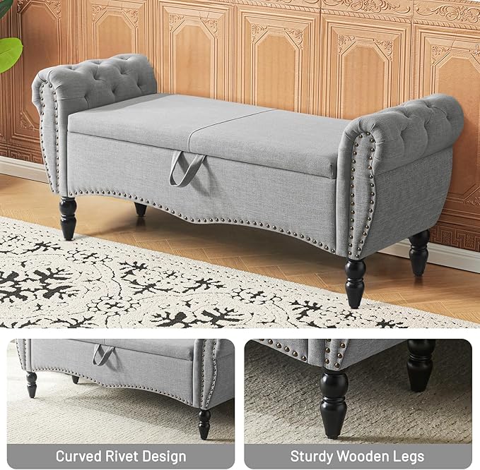 Furniliving 51.75" Storage Ottoman Bench for Living Room, Modern Bedroom Bench with Rolled Arm Upholstered End of Bed Bench Shoe Storage Bench Indoor Bench with Wood Legs Entryway Bench,Grey, Linen-Ruum Studio Home