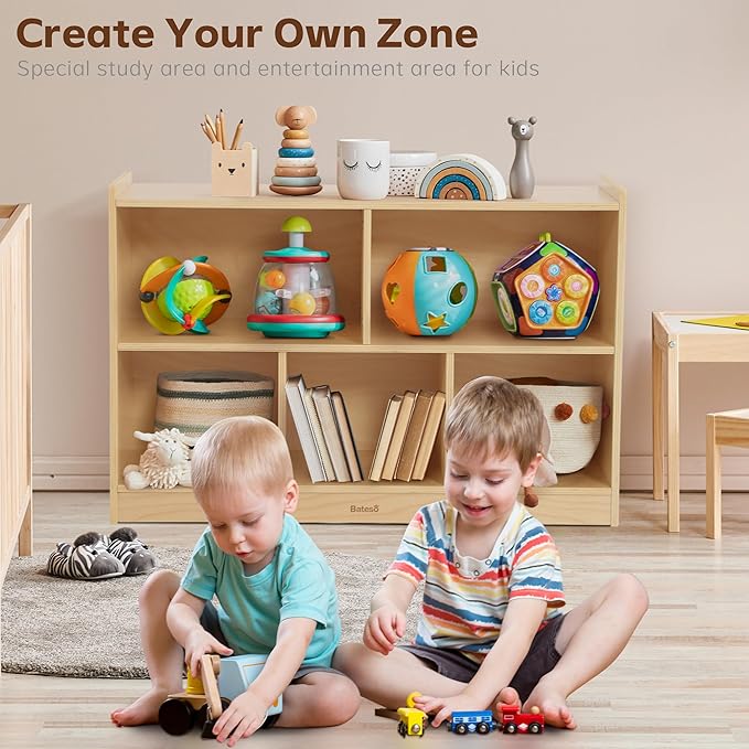 Toy Storage Organizer for Kids Room, Wooden Kids Bookshelf for Classroom, Cube Storage Organizer for Playroom, 5-Section Montessori Bookshelf & Toy Shelf for Nursery-Ruum Studio Home