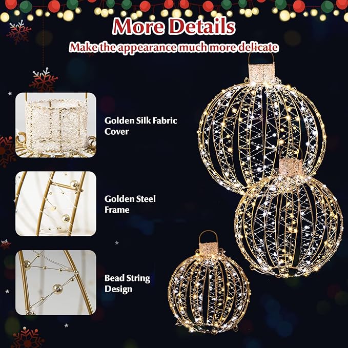 Tangkula Christmas LED Light Balls for Tree (3 Pack), Outside Lighted Sphere with 180 Warm White & 180 Cold White Lights, Holiday Lighted Decorations, Christmas Sphere Balls for Indoor Outdoor Decor-Ruum Studio Home