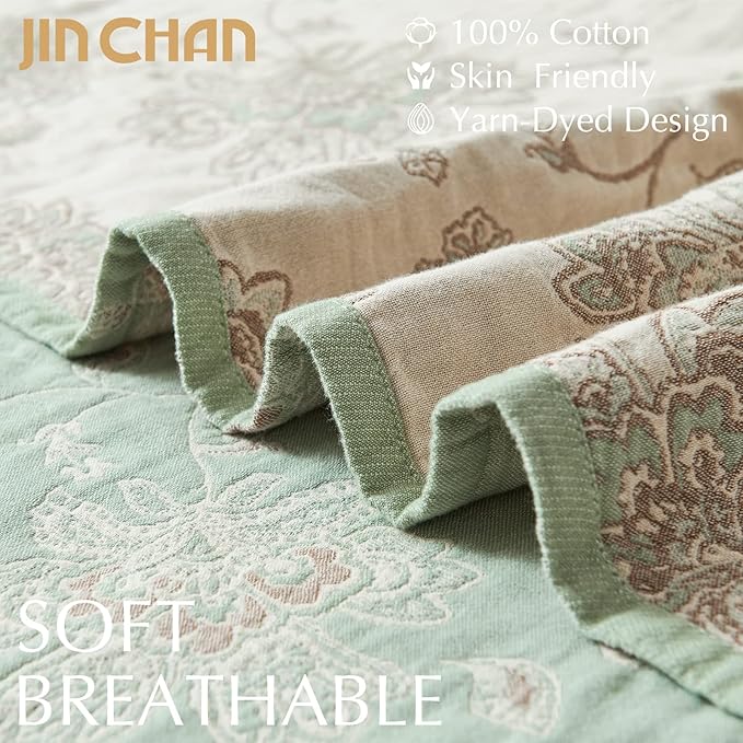 jinchan Boho 100% Cotton Muslin Twin Size 60x80 Inches Blanket Lightweight 4-Layer Quilted Soft Green and Beige Floral Throw Blanket Reversible Comfy Flower Breathable All Seasons Couch Bedroom Decor-Ruum Studio Home