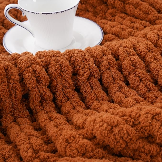 Battilo Chunky Knit Throw Blanket, Soft and Thick Chenille Throw Blanket, 50"x60" Handmade Cable Knit Crochet Blanket, Large Rope Knot Throw Blankets for Couch Sofa Bed Home Decor, Caramel-Ruum Studio Home