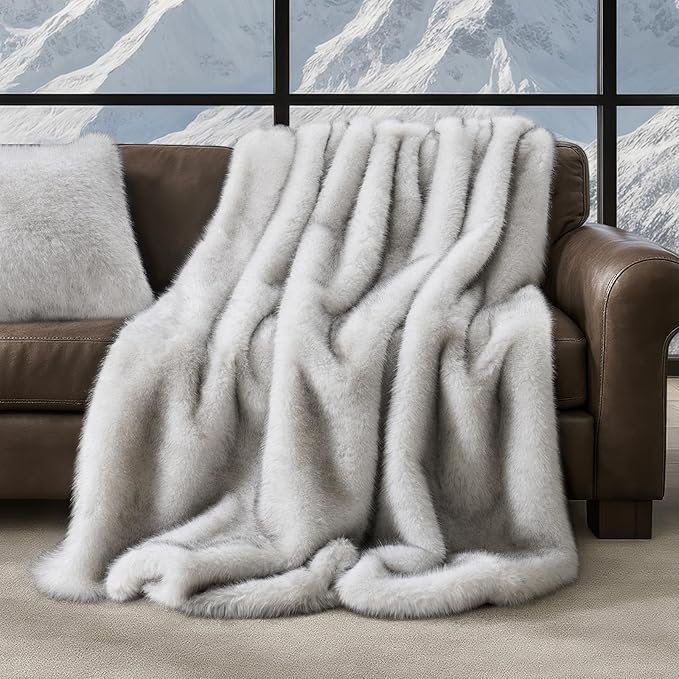Luxury Faux Fur Throw Blanket, Soft Fluffy Faux Mink Blankets for Bed, Couch, Sofa, Thick Cozy Plush Warm Fur Throws with Reversible Velvet, Frosted White Wolf, 50"x60"-Ruum Studio Home
