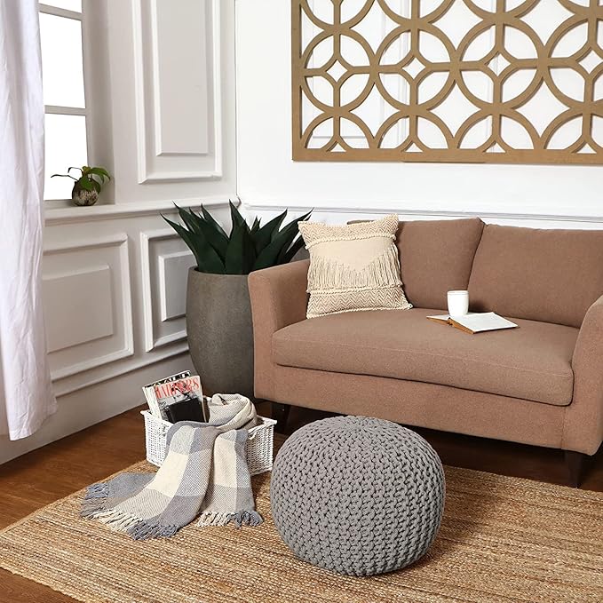 REDEARTH Round Boho Pouf Ottoman - Cable Knitted Cord Boho Pouffe - Stuffed Poof Accent Beanbag Footrest for Living Room - Nursery - Bedroom - Covered Patio - Study Nook (19.5"x19.5"x14") - Gray-Ruum Studio Home