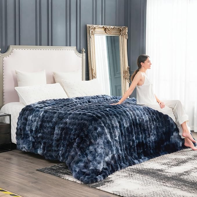 Cozy Bliss Faux Fur Throw Blanket for Couch, Fuzzy Soft Plush Thick Bubble Blanket for Sofa Bedroom Living Room, 108 * 90 Inches Tie Dye Blue-Ruum Studio Home