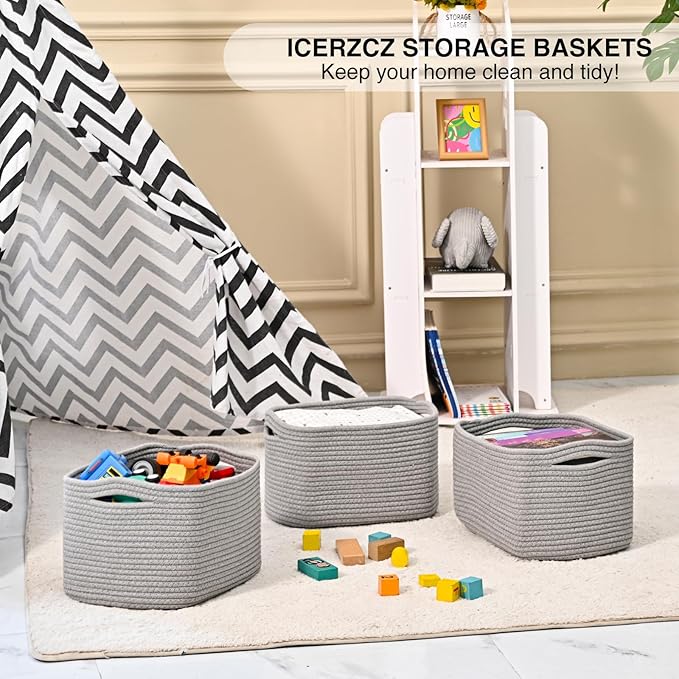 Small Storage Baskets for Shelves Organizing, Woven Cotton Rope Baskets for Storage, Book Basket, Decorative Shelf Basket, 12.5"Lx9.1''Wx7.9''H (4 Packs) Grey-Ruum Studio Home