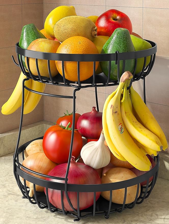 2 Tier Fruit Basket for Kitchen Counter with 2 Banana Hangers, 2025 Pro Detachable Metal Fruit Bowl with Wooden Handle,Fruit Holder for Bread Snack Veggies, Black Extra Large-Ruum Studio Home