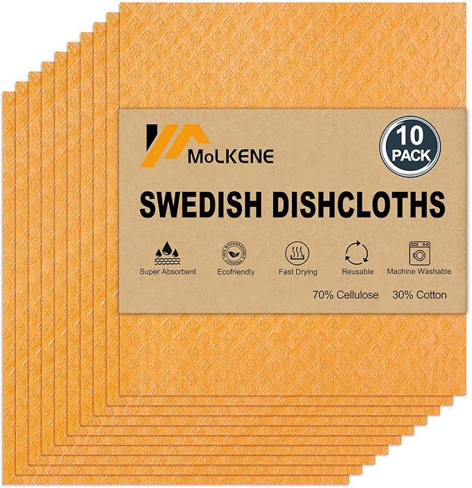 Swedish Dishcloths - 10 Pack Reusable Kitchen Dishcloths - Ultra Absorbent Dish Towels for Washing Dishes - Cellulose Sponge Cloth Cleaning Cloths - Orange-Ruum Studio Home