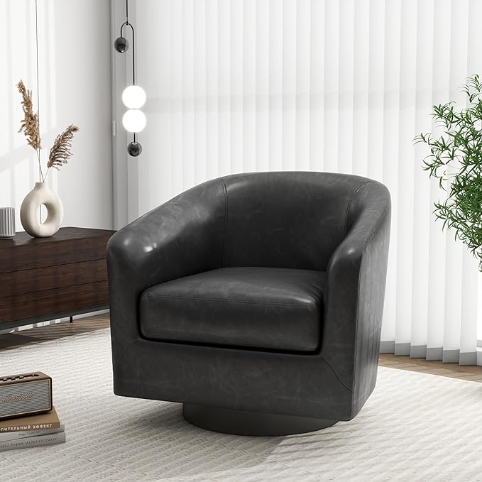 Swivel Barrel Accent Chair, Modern Round Faux Leather Arm Chair for Living Room, Bedroom, Comfy Club Reading Chairs for Adults(Faux Leather, Black Grey, Set of 1)-Ruum Studio Home