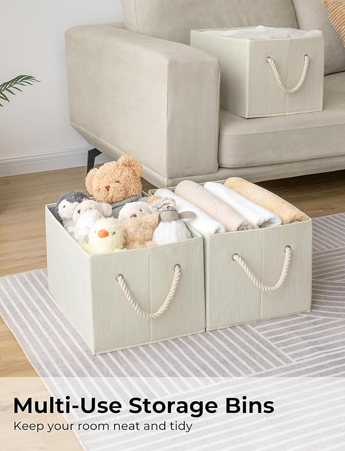 StorageWorks Storage Baskets for Shelves, Foldable Fabric Closet Storage Bins with Handles, Fabric Storage Bins Clothes Organizer, Beige, White & Ivory, 3-Pack, Extra Large-Ruum Studio Home