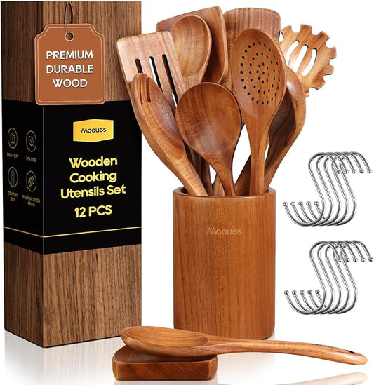 Wooden Spoons for Cooking, 12PCS Teak Wooden Kitchen Utensil Set with Spoon Rest - Smooth Finish, Non-Stick, Comfortable Grip, Heat Resistant Cooking Utensils Set-Ruum Studio Home