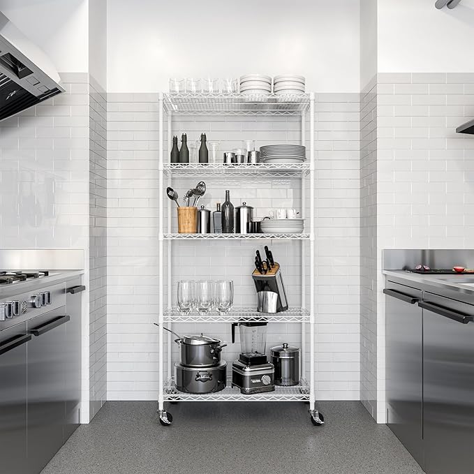 Seville Classics UltraDurable Heavy Duty NSF Solid Steel Wire Rack Storage Unit, Organizer for Garage, Warehouse, Office, Restaurant, Classroom, Kitchen, White, 5-Tier Shelving, 36" W x 14" D-Ruum Studio Home