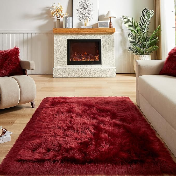 AMTOVO Faux Fur Sheepskin Rug for Living Room, 4 x 6 ft Burgundy Fluffy Area Rug for Bedroom, Playroom, Luxury Room Decor, Rectangle-Ruum Studio Home
