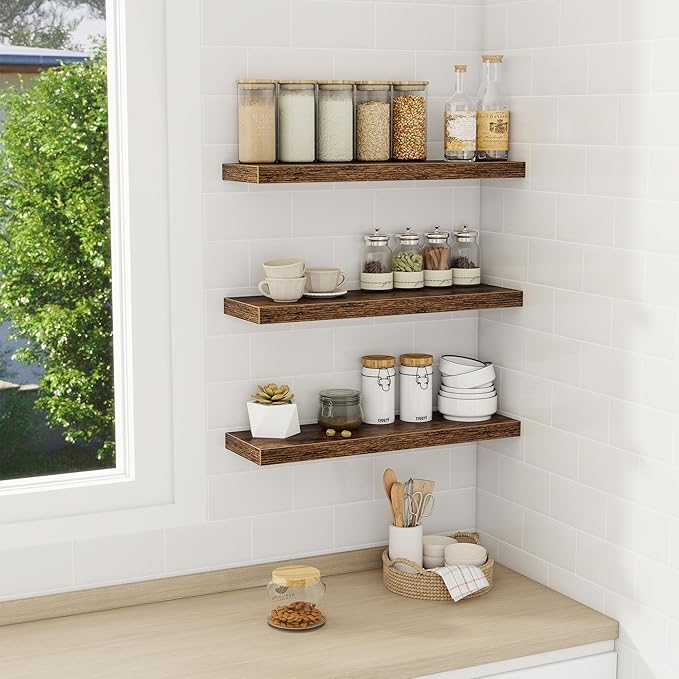 Fun Memories Floating Shelves Wall Shelf 24 inches Long, Farmhouse Bathroom Shelves Bedroom Kitchen Living Room Shelf Wall Mounted, 24 x 6.7 x 1.4 inch Set of 3, Rustic Brown-Ruum Studio Home