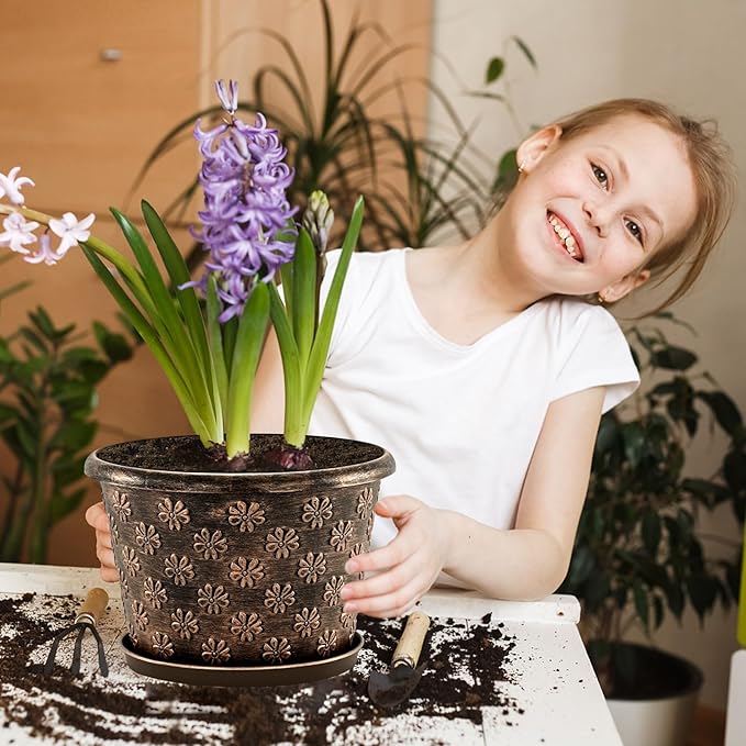 8 Inch Planter Pots for Plants, Plastic Flower Pots Indoor Outdoor, 5 Pack Resin Plant Pot with Drainage & Saucer, Retro Decorative Garden Pot with Removable Trays for House-Ruum Studio Home