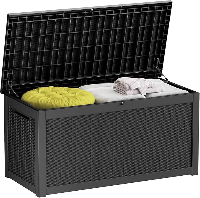 260 Gallon Deck Box XXL Large Outdoor Storage for Patio Furniture,Outdoor Cushions,Garden Tools and Pool Supplies,Waterproof,Resin,Lockable(Black Rattan)-Ruum Studio Home