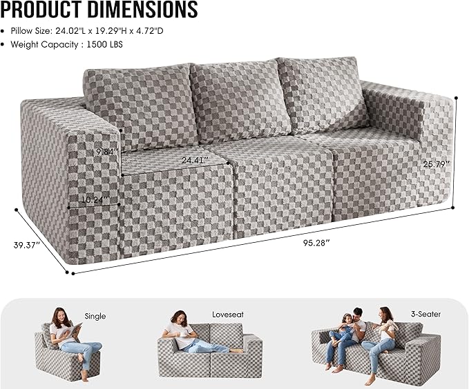Modular Sectional Sofa 3-Seater Modular Couch with Deep Seat Memory Foam Cloud Chair with Pillows Oversized Sectional Sofa for Living Room Bedroom (Plush Grey, 3-Seater)-Ruum Studio Home
