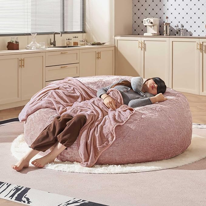 Bean Bag Chair 6Ft, Memory Foam Filled, Large Beanbag Chairs for Adults and Teens, Soft Sofa with Removable Flannel Cover, Round Couch for Living Room Bedroom College Dorm (Pink, 6FT-67×67"×24")-Ruum Studio Home
