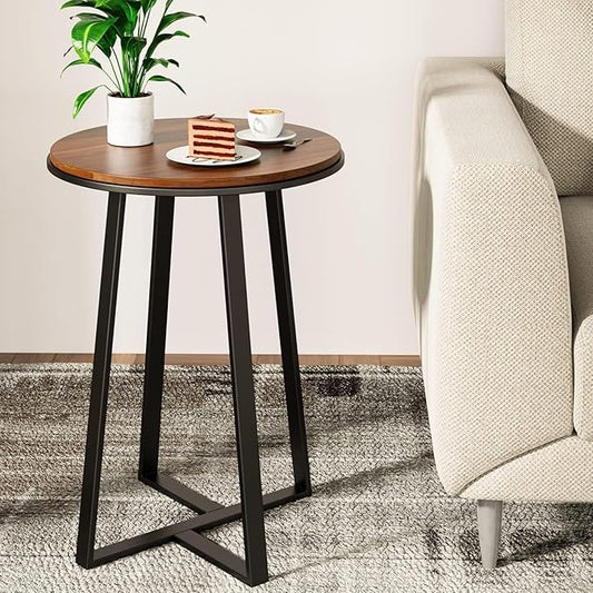 Round End Tables, Small Side Table Walnut Color MDF Top, Metal Frame Black, Tall End Table for Bed Room, Coffee Tea End Table for Living Room(Walnut+Black)-Ruum Studio Home