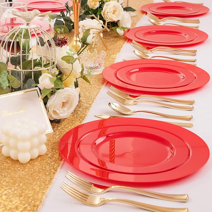 FLOWERCAT 60PCS Red Plastic Plates - Heavy Duty Red Plates Disposable for Party - Include 30PCS 10.25inch and 30PCS 7.5inch for 30 guests Party & Christmas & New Year-Ruum Studio Home