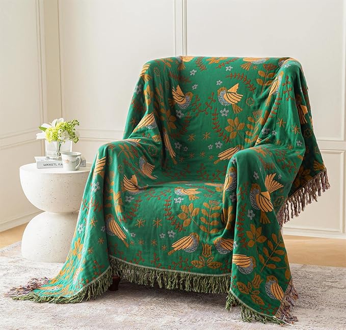 Green Summer Blanket 60''x 80'' Boho Throw Blankets for Couch Bed Chair,100% Cotton Quilts Christmas Warm Soft Blanket Muslin Bed Blankets Farmhouse Decoration-Ruum Studio Home
