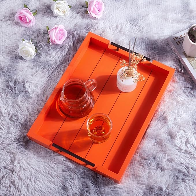 Ottoman With Handle for Living Room - Set of 4 Natural Wooden Coasters - Rustic Serving Tray for Coffee Table - Kitchen Decorative Tray With Handles (Orange)-Ruum Studio Home