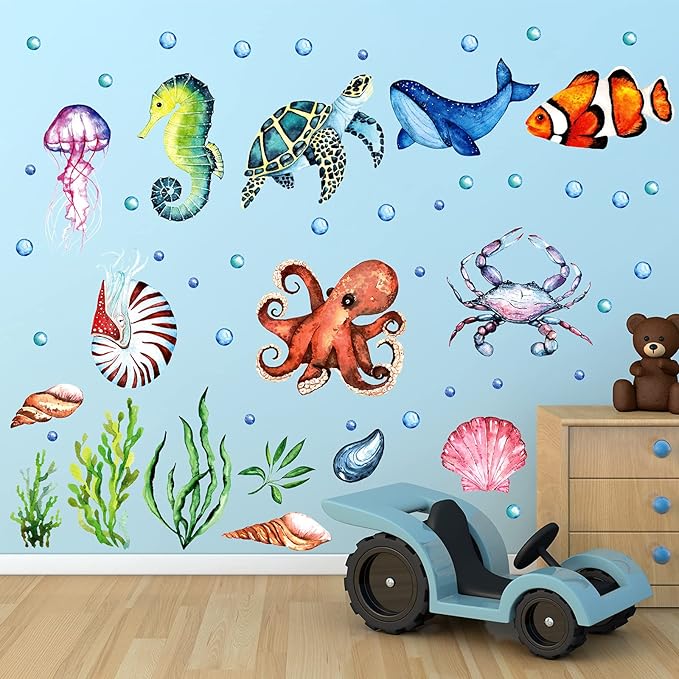 52 Pcs Ocean Fish Wall Decals Glow in The Dark Under The Sea Wall Decals Sea Animals Stickers Removable Waterproof Peel and Stick for Kids Bathroom Watercolor Ocean Decor(Funny Style)-Ruum Studio Home