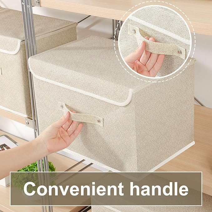 Storage Boxes, Collapsible Storage Bins with Lids, Cotton and linen cloth Storage Baskets with Handle, for Books, Closet, Bedroom, Home, 15x9.8x9.8 in, Grey and Beige-Ruum Studio Home