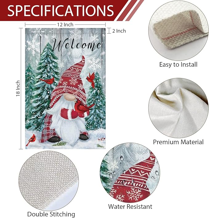 Heyfibro Welcome Christmas Garden Flag Winter Gnome Garden Flags 12x18 Double Sided Burlap Cardinals Snowflakes Snow Garden Yard Flags for Seasonal Outside Outdoor House Decoration (ONLY FLAG)-Ruum Studio Home