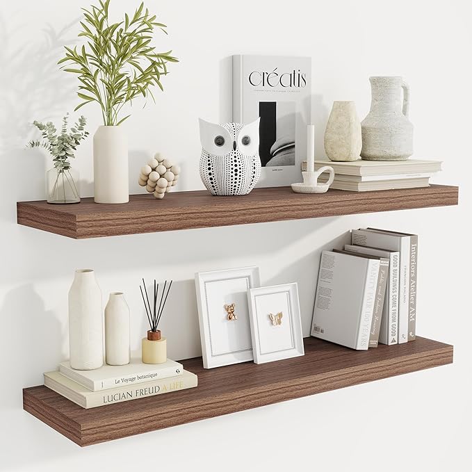 36 Inch Floating Shelves, 9.3 Inch Deep Rustic Wall Shelves - Extra Deeper Wall Mounted Storage Shelves for Bathroom, Kitchen, Living Room (Walnut, Set of 2)-Ruum Studio Home