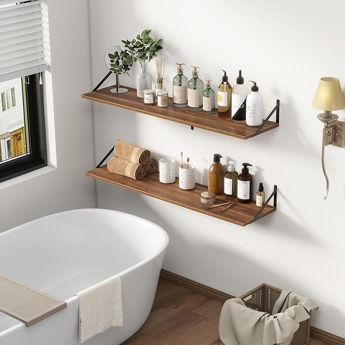 12 Inch Deep Floating Shelves,48W x 12D Floating Shelves, Deep Wall Shelves Bracket Set of 2, Large Display Floating Shelf for Bathroom, Living Room, Wide Storage Wooden Wall Shelf, Walnut-Ruum Studio Home