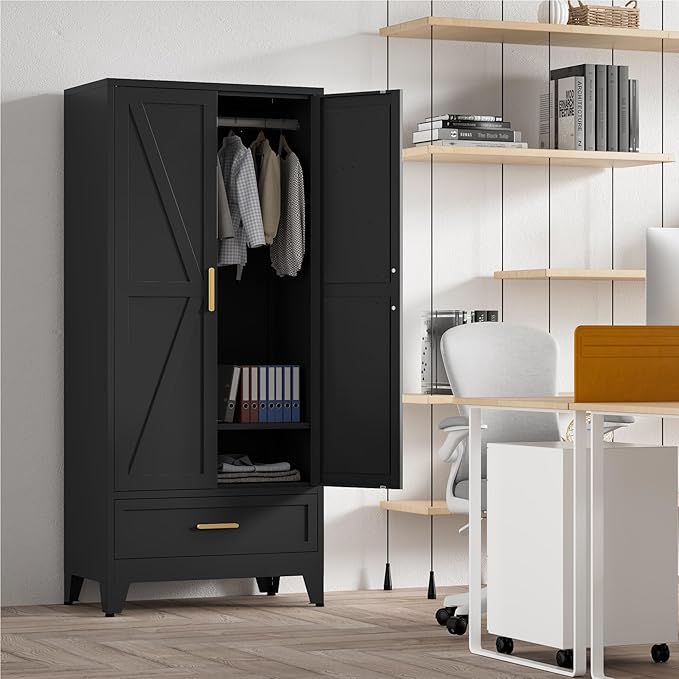 71'' Black Farmhouse Metal Wardrobe Cabinet with Hanging Rod, 2 Barn Door Wardrobe Closet with Adjustable Shelves,Drawer,for Dining Room,Bedroom,Living Room, Cloak Room,Office-Ruum Studio Home