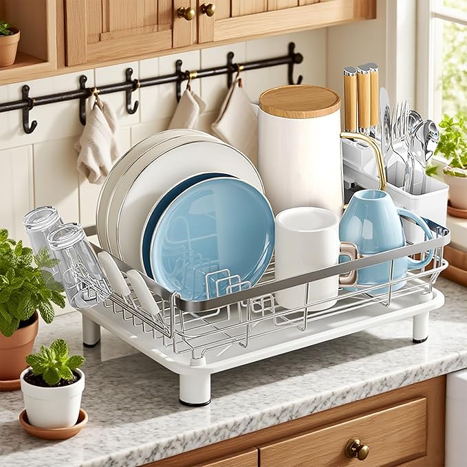 MOUKABAL Dish Drying Rack - Stainless Steel Dish Rack, Dish Racks for Kitchen Counter, Drying Rack Kitchen with Removable Utensil Holder, Drainboard and Glass Organizer (White)-Ruum Studio Home
