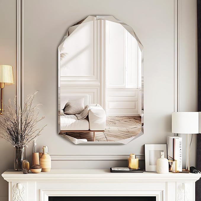 Bathroom Mirror for Wall, 24" x 36" Arched Mirror, Bathroom Vanity Mirror, Beveled Edge Frameless Wall Mount Vanity Mirrors, Wall Mirrors Decorative, Irregular Beveled Edge Mirror-Ruum Studio Home