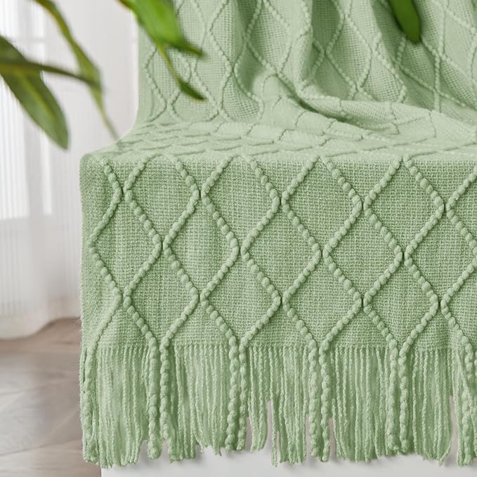 inhand Sage Green Throw Blanket for Couch, Soft Living Room Home Decor Knitted Blanket with Tassel, Outdoor Lightweight Breathable Summer Blanket, Farmhouse Warm Woven Decorative, 50"x60"-Ruum Studio Home