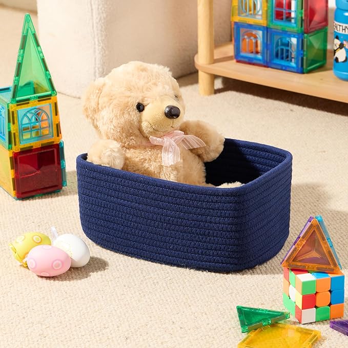 Small Storage Baskets for Organizing | Closet Organizer Bins | Shelf Toy Basket | Woven Rope Baskets | Cube Decorative Box | Shallow Basket | 11.5x7.5x4.7” | 3 Packs Navy Blue-Ruum Studio Home