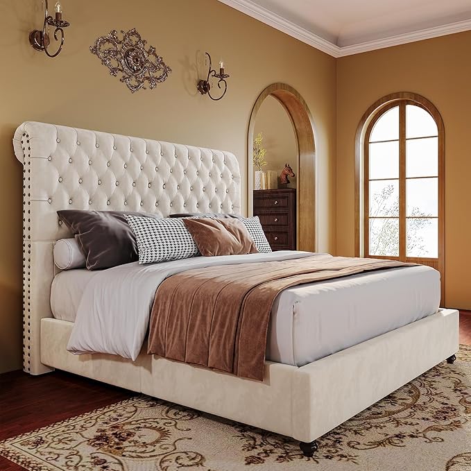 PaPaJet King Bed Frame Upholstered Platform Bed Frame with 52.8'' Tall Sleigh Headboard, Button Tufted, No Box Spring Needed, Easy Assembly, Cream-Ruum Studio Home
