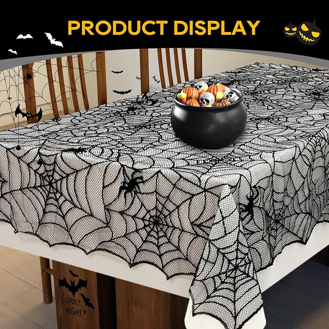 eZAKKA Halloween Table Cloth, 60"x104" Spider Webs Tablecloths Black Tablecloth Lace Fabric Table Cloths Spooky Table Cover for Rectangle Tables for Parties Gothic Halloween Home Decorations-Ruum Studio Home