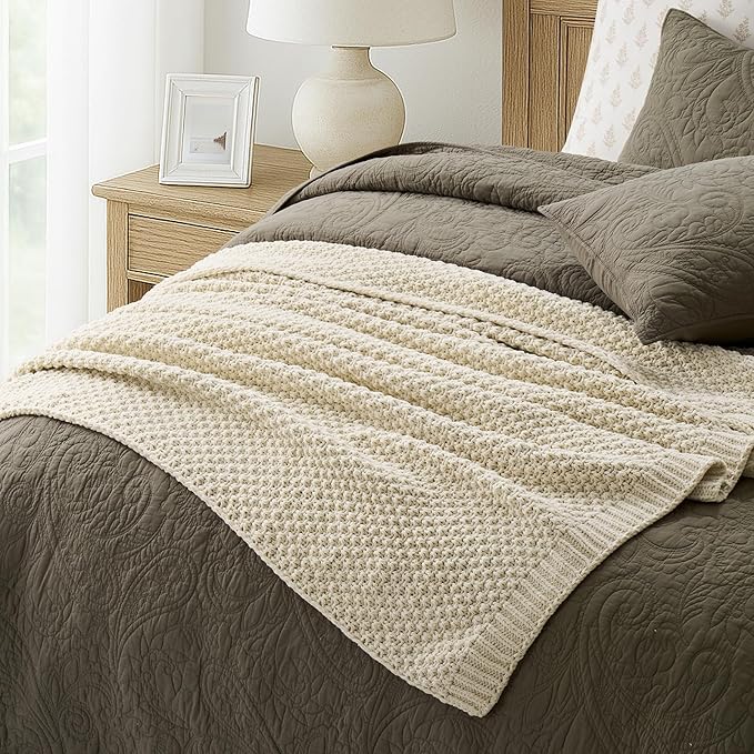Chunky Chenille Knit Throw Blanket for Couch, Soft Luxurious Moss Stitch Blankets for Bed, Cozy Decorative Farmhouse Knitted Throws for Sofa, Beige, 50" x 60"-Ruum Studio Home