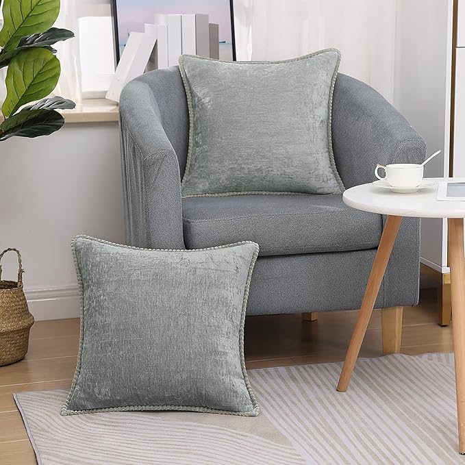 decorUhome Chenille Soft Throw Pillow Covers 26x26 Set of 2, Farmhouse Velvet Neutral Decorative Euro Pillow Covers with Stitched Edge for Couch Sofa Bed Home Decor, Neutral Gray-Ruum Studio Home
