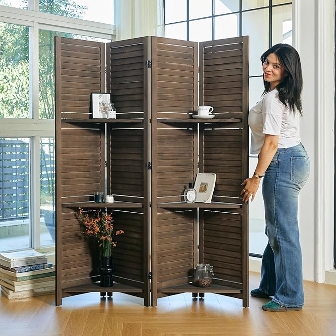 Partition Room Dividers, 67 * 51inch Folding Wood Privacy Screen with Three Display Shelves Suitable for Home Office, Study, Art Display - 4 Panel (Brown)-Ruum Studio Home