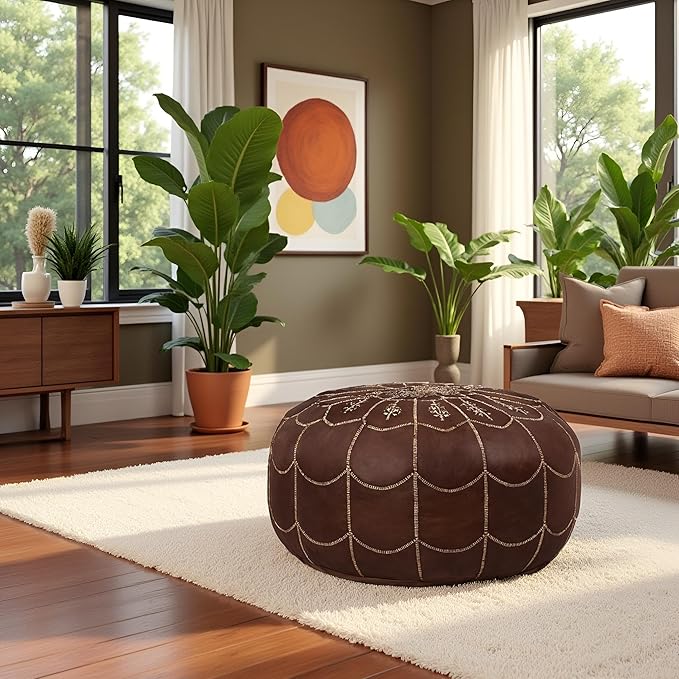 Stuffed Arch Design Moroccan Leather Pouf Ottoman, Handmade, Pre-Filled, 100% Genuine Leather, 14” Height x 22” Diameter – Boho Chic Footstool & Living Room Décor (Brown)-Ruum Studio Home