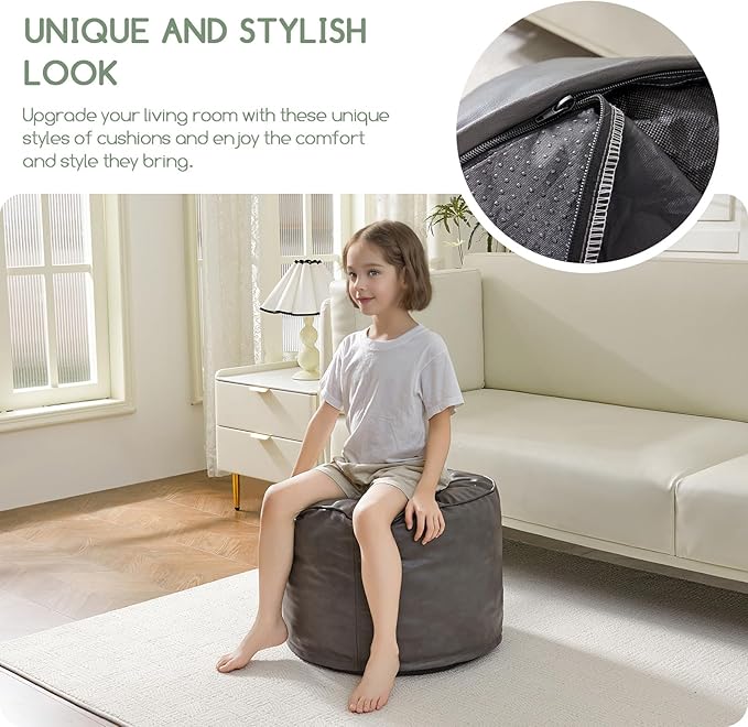 HIGOGOGO Round Stuffed Pouf Ottoman, Pu Leather Poufs with Foam Chunk Filling Foot Stool Storage Ottoman, 26 X 18 Floor Poufs Foot Rest for Living Room, Grey-Ruum Studio Home