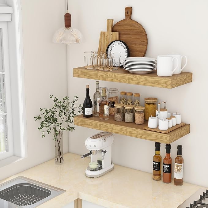12 Inch Deep Floating Shelves | 30W x 12D Rustic Floating Shelves for Wall Set of 2 | Oak Shelves for Living Room Bathroom Laundry Room Bedroom Kitchen Home Office - Oak-Ruum Studio Home