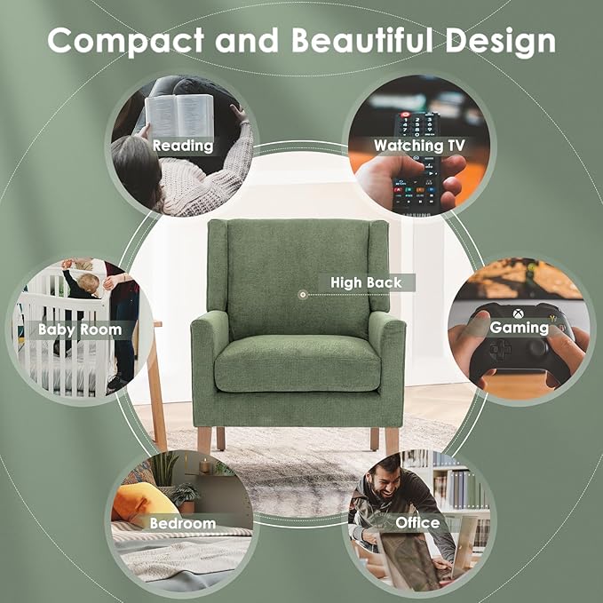 COLAMY Modern Wingback Living Room Chair Set of 2, Upholstered Fabric Accent Armchair, Single Sofa Chair with Lounge Seat and Wood Legs for Bedroom/Office/Reading Spaces, Green-Ruum Studio Home