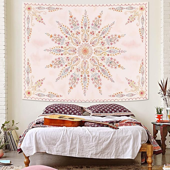 Fowocu Boho Floral Mandala Tapestry for Bedroom Aesthetic Pink Bohemian Flower Wall Tapestry Watercolor Hippie Indian Small Tapestries Wall Hanging for Living Room Dorm Decor 48 x 36 Inch-Ruum Studio Home