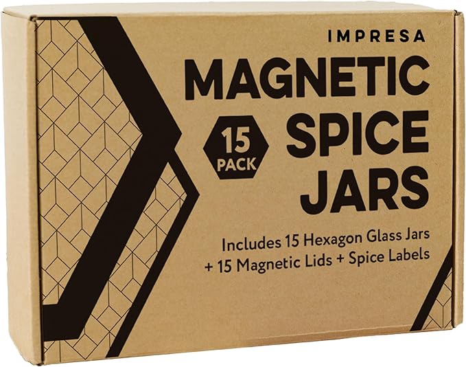 IMPRESA Hexagon Magnetic Spice Jars - 15 Pack 1.74 oz Glass Jars With Stainless Steel Lids - Airtight Magnetic Seasoning Containers & Space-Saving Honeycomb Fridge Magnets - 60 Preprinted Labels-Ruum Studio Home