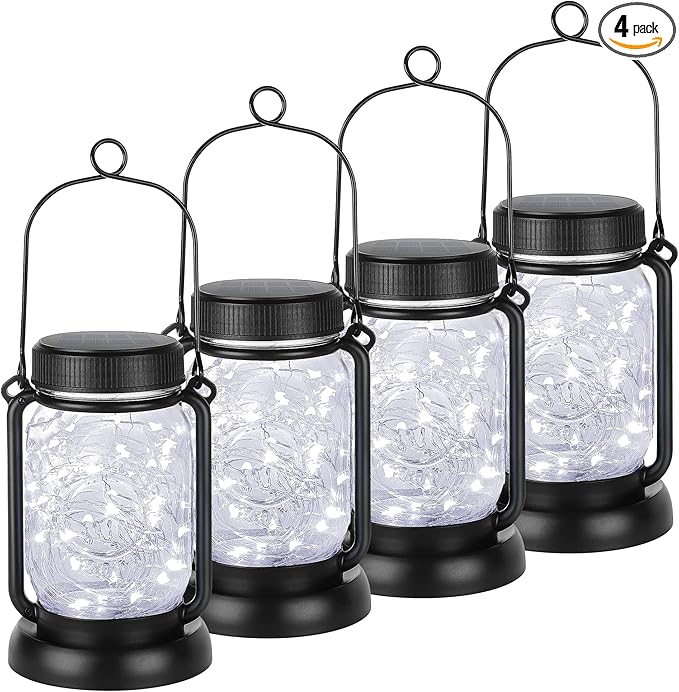 Mlambert Cool White 4 Pack Solar Hanging Mason Jar Lights with Stakes, Waterproof Decorative 30 LEDs Outdoor Solar Lantern Lamp Patio Garden Tree Yard-Ruum Studio Home