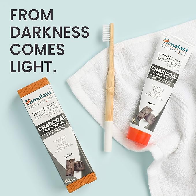Himalaya Botanique Whitening Antiplaque Toothpaste with Charcoal + Black Seed Oil, Fluoride Free, for Whiter Teeth, 4 oz, 4 Pack-Ruum Studio Home